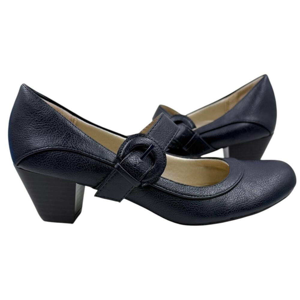 LifeStride Rozz Navy Blue Faux Leather Mary Jane Pumps Block Heel Shoes 7.5M